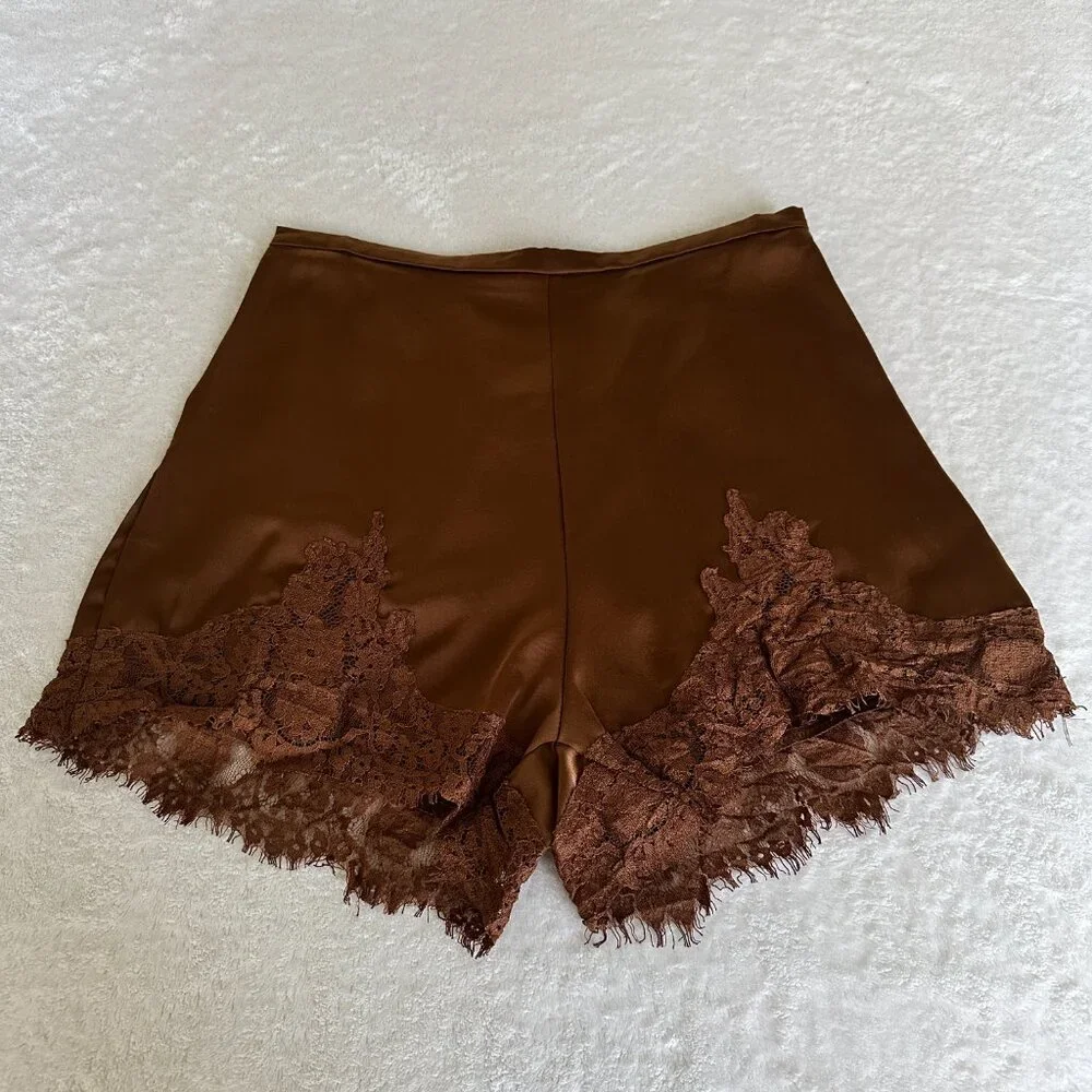 Brown Lace-Trim Silky Satin Shorts Size: S - Loungewear as Outerwear - Picture 3 of 12